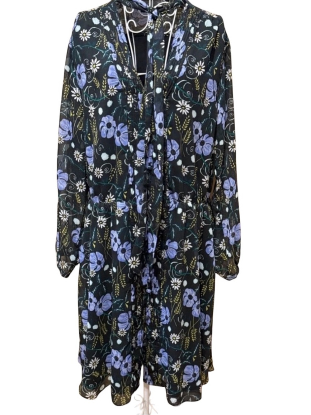 Banana Republic Floral Midi Dress Black Blue Sheer Long Sleeve A-Line Chiffon XL